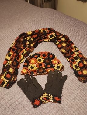 Crochet Flower Beanie, Scarf & Gloves Set in Autumn Colors